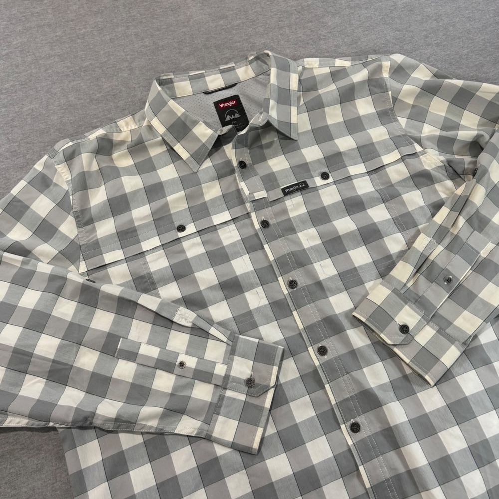Wrangler Outdoor Mens 2XL Grey White Plaid Long Sleeve Ventilated Fishing Shirt